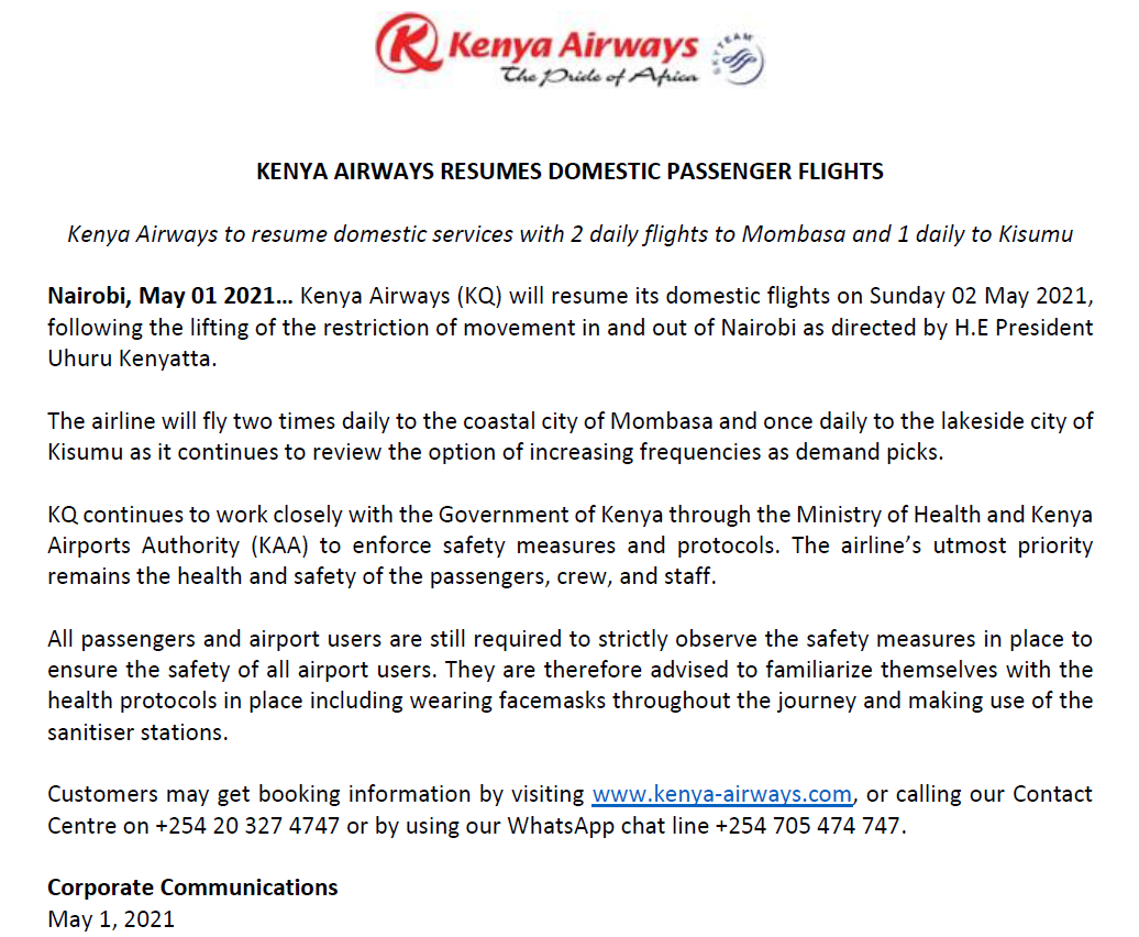 KenyaAirways's tweet photo. We are pleased to announce the resumption of our domestic flights from Nairobi to/from Kisumu and Mombasa beginning Sunday, May 2, 2021. We look forward to welcoming you onboard our domestic flights once again. For bookings, visit https://t.co/bL29rM5h6f #LetKQTakeYouThere ✈️🇰🇪 https://t.co/icKRiWM0tm