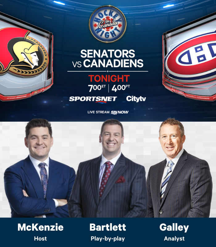 SportsnetPR's tweet photo. ๐จ Tonight on Hockey Night in Canada on @Sportsnet:
๐ Canucks @ Leafs - 7 pm ET / 4 pm PT
๐๏ธ Cuthbert, Simpson, Bukauskas
๐ Senators @ Canadiens - 7 pm ET / 4 pm PT
๐๏ธ Bartlett, Galley, McKenzie
๐ Flames @ Oilers - 10 pm ET / 7 pm PT
๐๏ธ Singh, DeBrusk, Principe https://t.co/mZlDH2FBBF