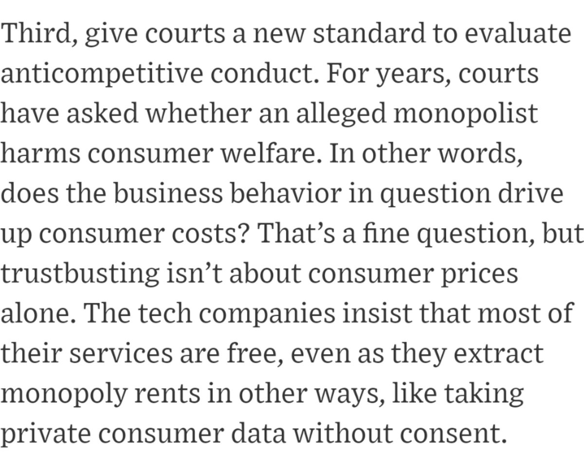 13/ Hawley is deliberately obfuscating here. He knows perfectly well that the consumer-welfare standard is about more than price.