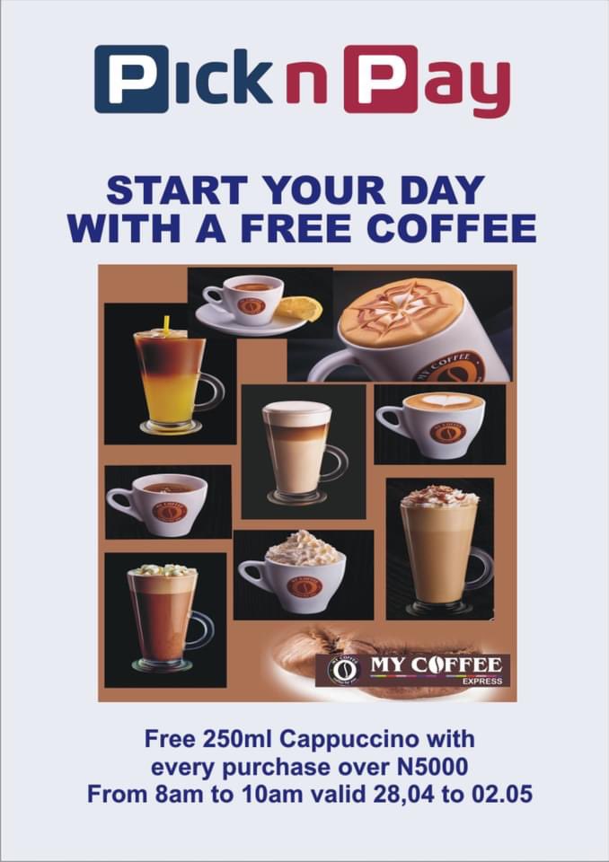 Pickandpay_ng's tweet photo. Start your day with a free coffee.
Free 250ml Cappuccino with every purchase over N5000
From 8am to 10am valid 28.04- to 02.05
#picknpayquality#picnpaynigeria#picknpayspecials#picknpaycoffee https://t.co/ime5RuwEb3