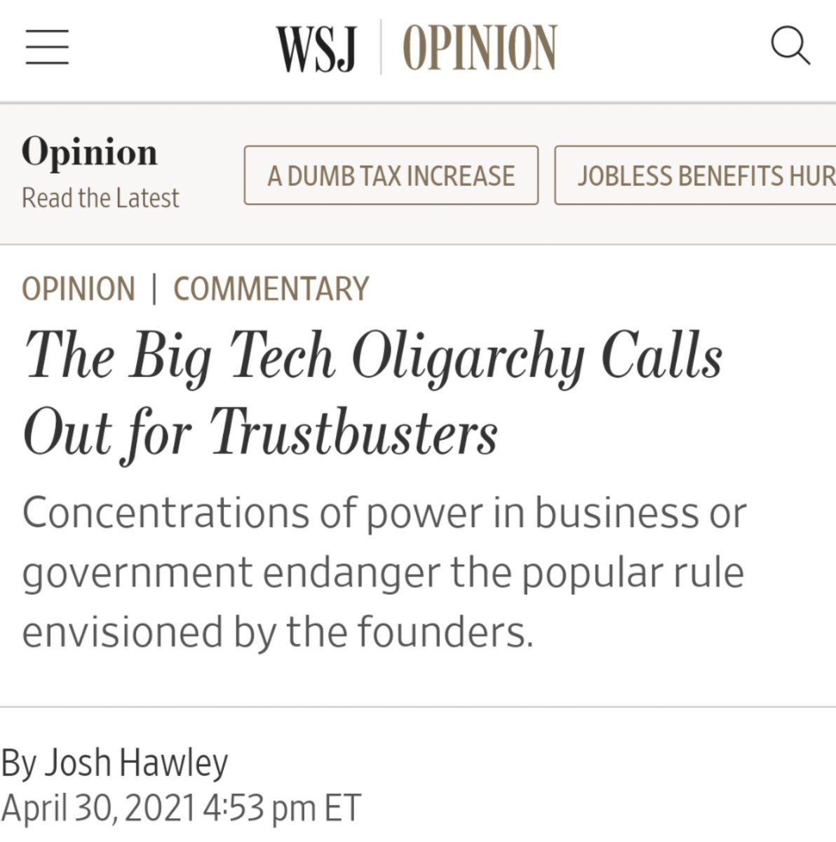 Amusing things I saw in Josh Hawley's latest WSJ piece, a thread . . .