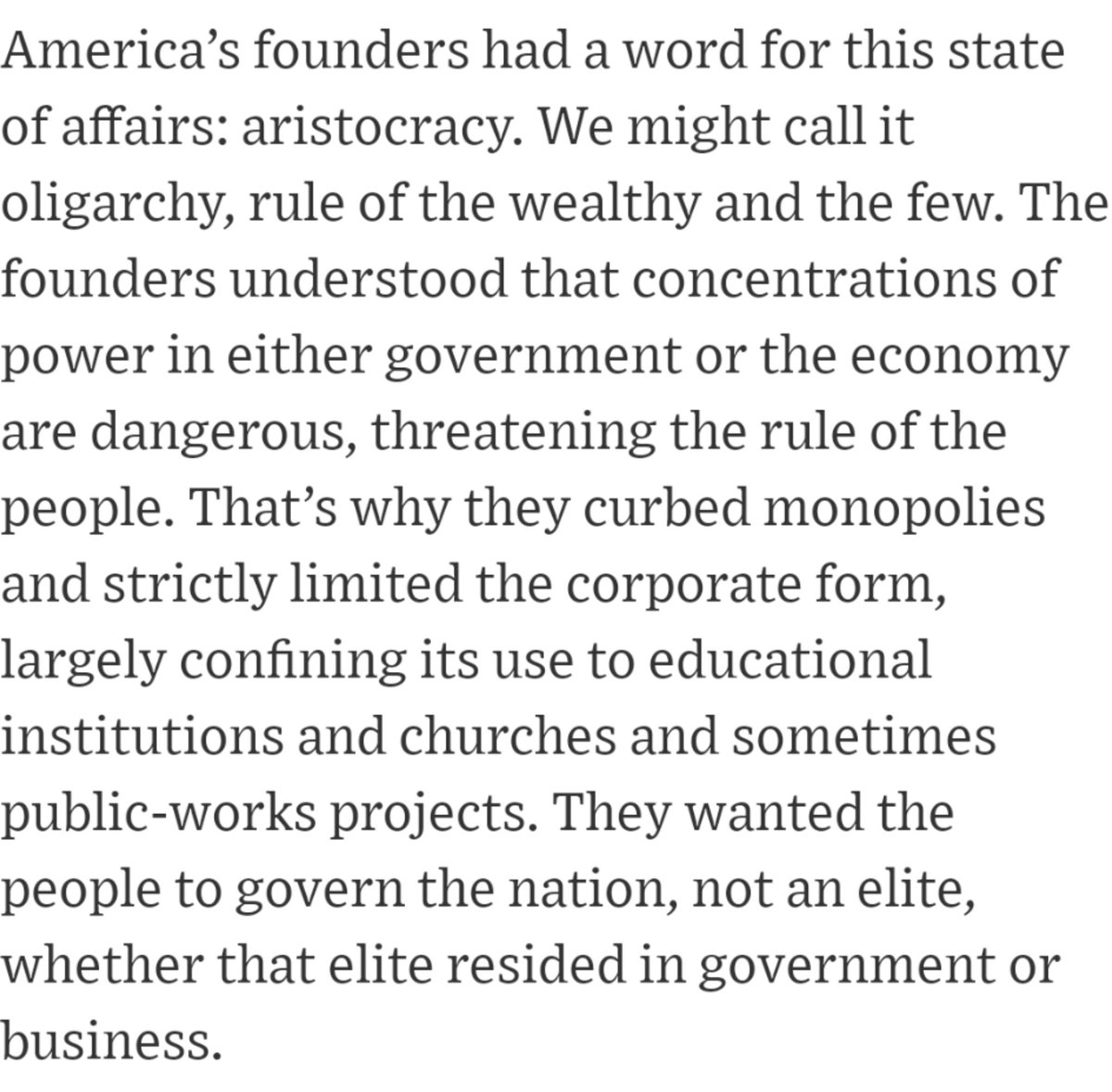 5/ It's pretty late in the damn day for the GOP to be talking about the limits of colonial corporate charters. Ahem, Citizens United?And actually, all the Founders opposed was literal, born-to-rule, fifth duke of wherever aristocracy. By modern standards, they were "an elite."