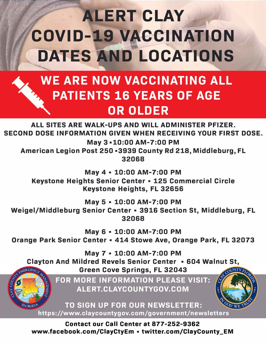 ClayCounty_EM's tweet image. *May 1, 2021 at 10 a.m.*
Today is the last day to receive your 1st dose of the Pfizer vaccine @ Fire Station 24, located @ 5101 Sweat Rd., Green Cove Springs!
Next pop-up vaccination site:  American Legion Post 250, 3939 CR 218, Middleburg, May 3, 10 a.m. to 7 p.m.
