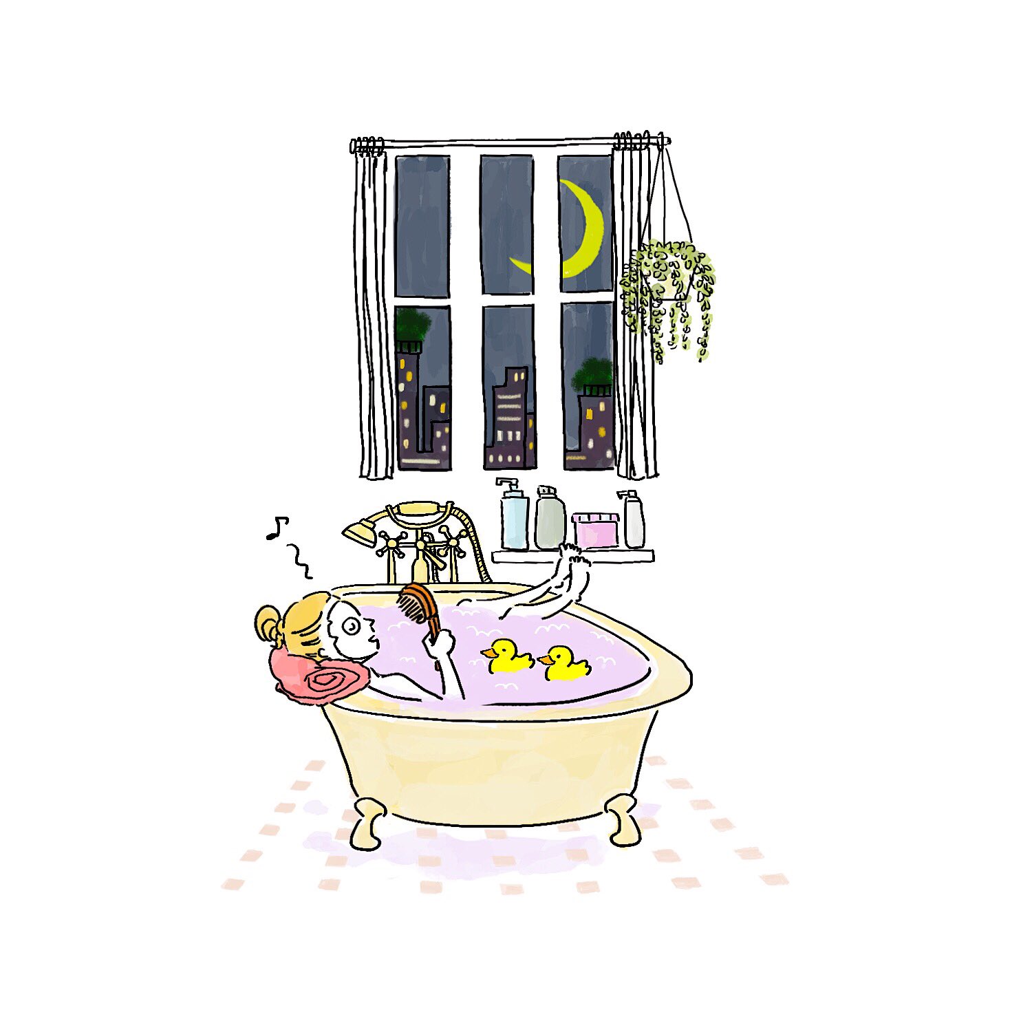 Nao お風呂で一曲 硫酸マグネシウムの エプソムソルト を入れると身体が温まって血行も良くなるので欠かせない入浴剤です イラスト イラストレーション バスタイム 入浴剤 お風呂 リラックス 人物イラスト 挿絵 線画 デジタル