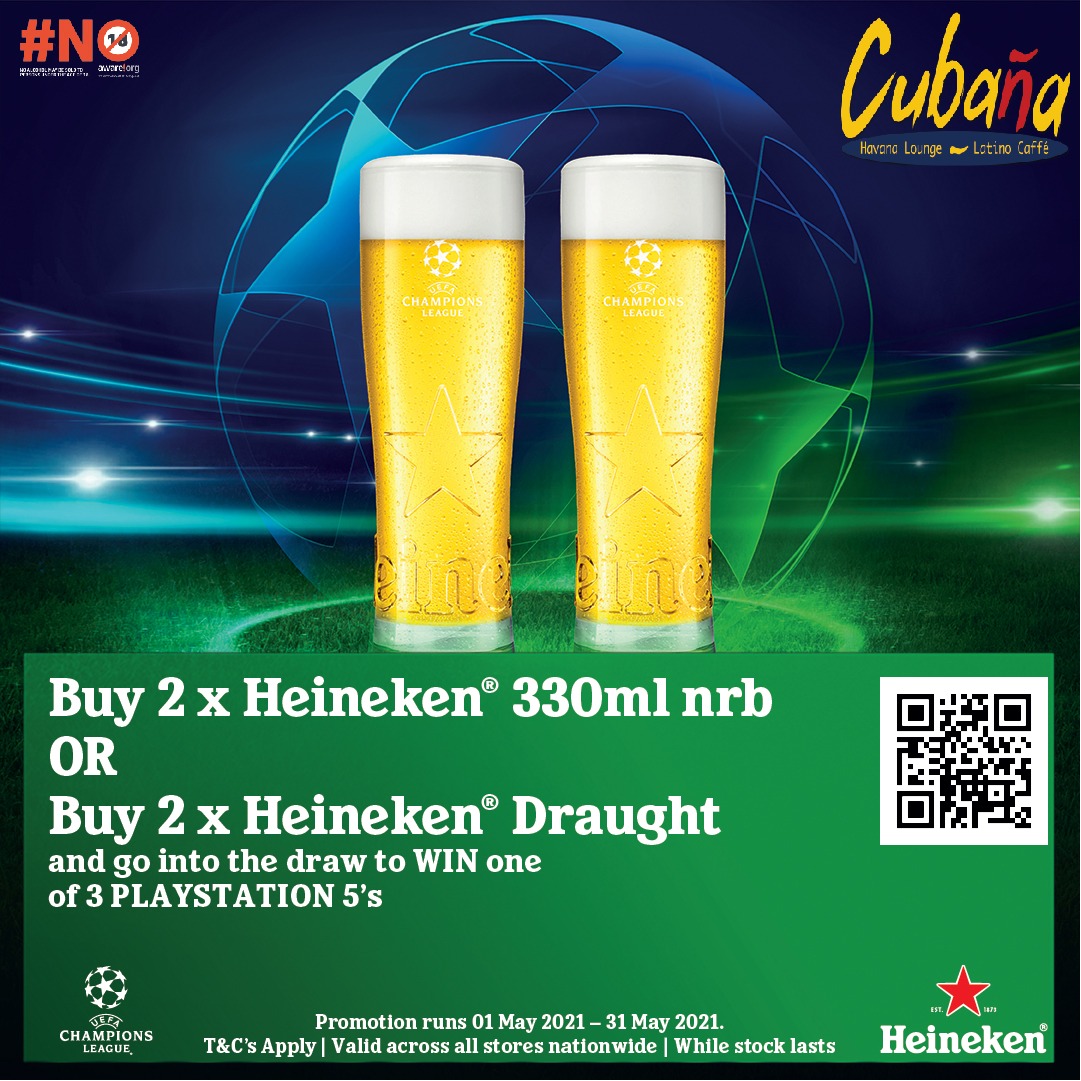 Enjoy gaming? Love a cold one? Well we have the PERFECT competition in store for YOU! Purchase 2 x <a href="/Heineken_SA/">Heineken SA</a> bottles OR 2 x Heineken Draughts and instantly enter to stand a chance to win 1 of 3 PLAYSTATION 5’s! Offer valid 1 – 31 May. T’s&amp;C’s Apply. #Cubana #ComeSeeAndBeSeen