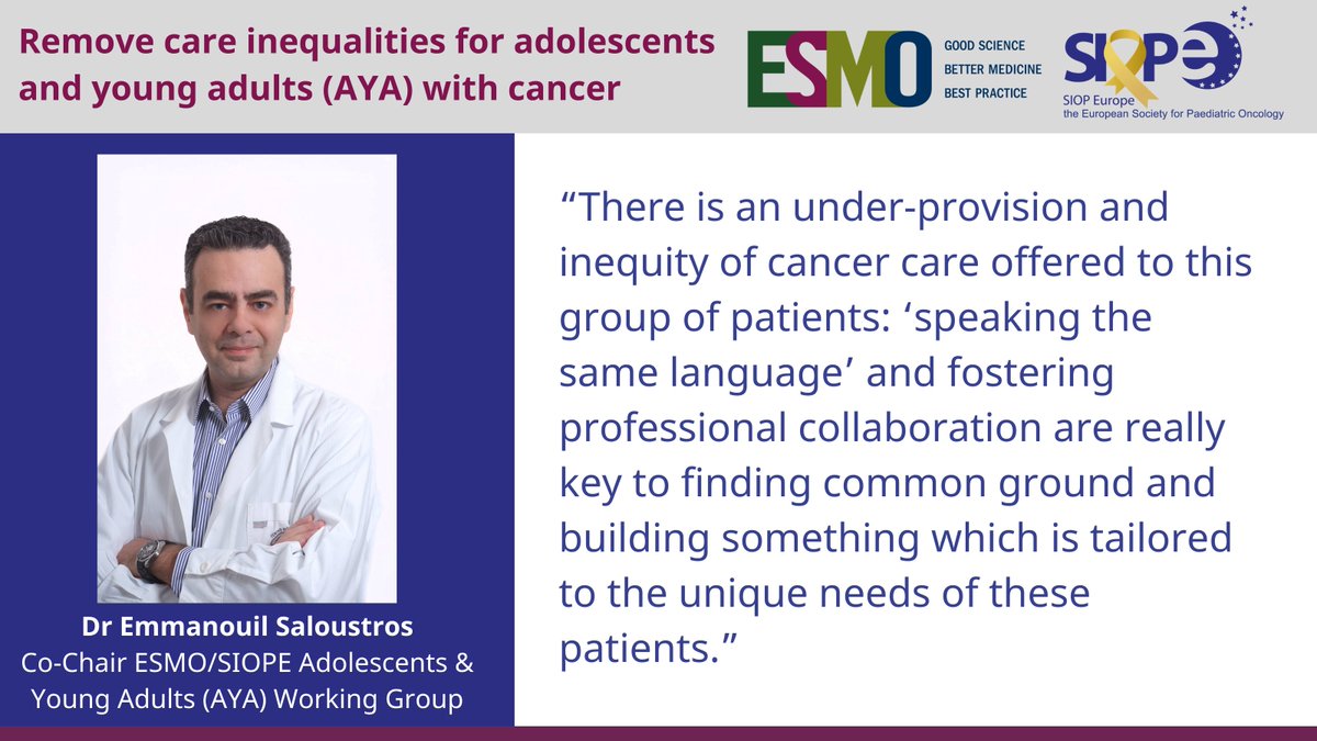 ESMO/<a href="/SIOPEurope/">SIOPE 🎗️</a> position paper on adolescents and young adults w/ #cancer: ‘There is an under-provision &amp; inequity of #cancercare offered to this group of pts.’ <a href="/esaloustros/">Emmanouil Saloustros</a> ESMO Co-Chair of the joint Working Group
👉 ow.ly/nNxN50EjrRS
 #TYA #AYACancerAwareness #AYAcancer