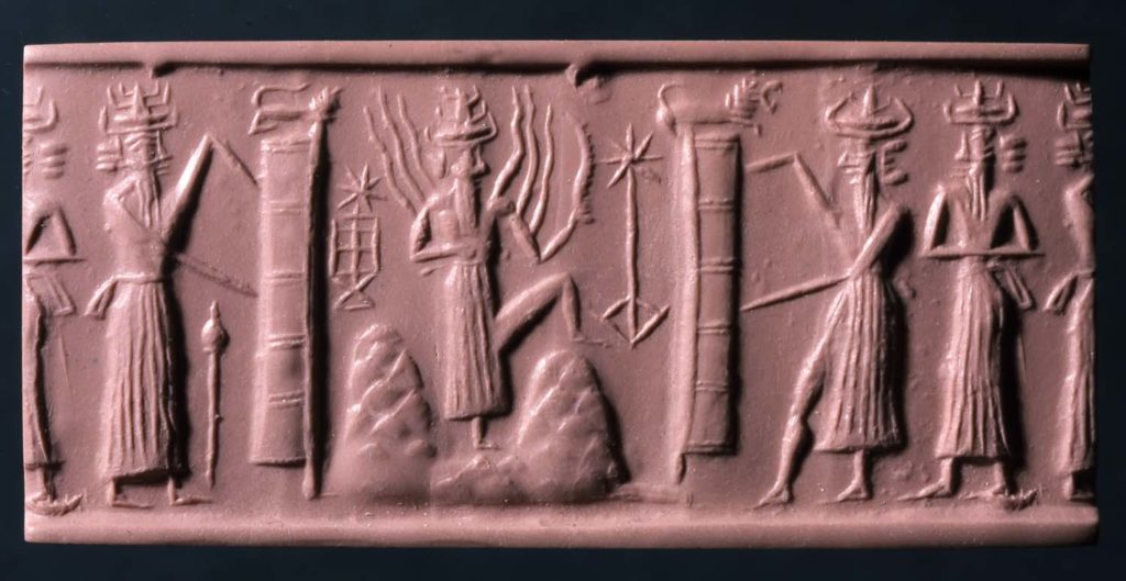 It is interesting that the Young Utu/Shamash carries a scepter...Why is this interesting? Have a look at this:Modern impression from a greenstone cylinder seal from Sippar, c. 2300 BC...Currently in The British Museum...