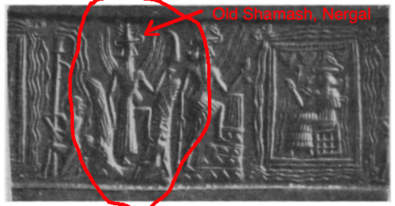 Here is the same dude, Old Utu/Shamash on our original seal, "standing with one foot on a back of a lion with upcurving wings..