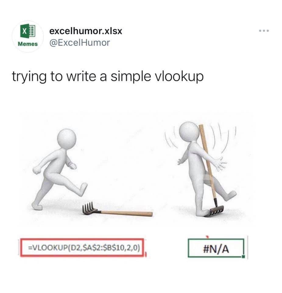 romfordrunner's tweet image. This is me 🤣 #vlookup #excelproblems