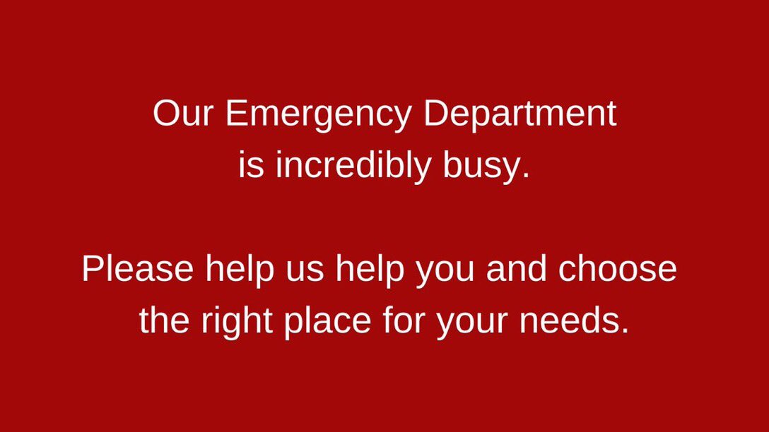 Our department is very busy. Please only attend in an emergency.
If you attend with a minor issue, you may be redirected to a MIU/UTC who will be able to help or booked to an appointment to attend later.
Unsure where to go? Visit 111.nhs.uk / call 111. #HelpUsHelpYou