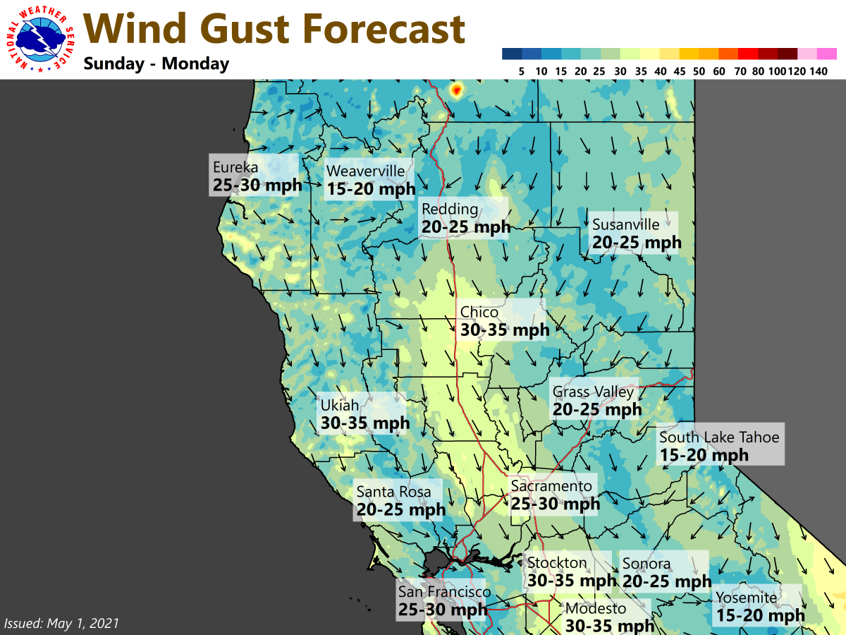 NWSSacramento's tweet photo. Breezy north to east winds are expected Sunday into early next week with Valley gusts up to 25-40 mph. As conditions remain very dry in the Valley, these winds may bring critical fire weather conditions. Make sure to secure loose objects & practice fire safety. #cawx https://t.co/Moh2VQ0DhL