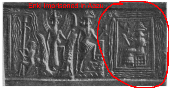 First god is Enki/Ea, the Sumerian god of sweet water. He is depicted sitting imprisoned inside abzu, the source of sweet water and the source of the two great rivers...