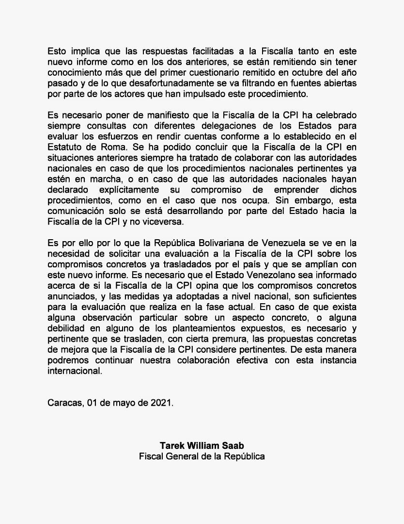 TarekWiliamSaab's tweet photo. #LEA el #Comunicado del Ministerio Público @MinpublicoVE ante la entrega el día 30/Abril/2021 del TERCER INFORME a la CPI @IntlCrimCourt: donde solicitamos una evaluación  a dicha Fiscalía sobre los compromisos concretos ya trasladados por #Venezuela y que hemos aquí ampliado https://t.co/3Bu76pvwVx