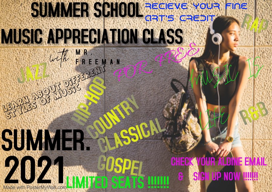 Hey! Do you want to earn your fine arts credit this summer with Mr. Freeman? Check your Aldine email and sign up! Don’t miss out on this fun music appreciation class! 🎶🎼🎵<a href="/davishs_falcons/">Anthony Watkins</a> <a href="/AldineISD/">Aldine ISD</a> <a href="/aldinefinearts/">Aldine ISD Performing Arts</a> #BeTheOne #BOD