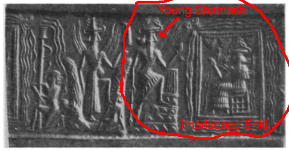 So the first god is Enki/Ea.The second god is young Utu/Shamash, the young sun. See how he has sun heat rays emanating only from one of his shoulders??? He is depicted on this seal in a short tunic climbing the sacred mountain towards imprisoned Enki...To free him...