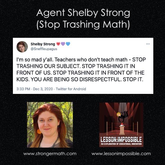 avivalevin's tweet image. 🎙Your lesson, should you choose to accept it, is to celebrate🎉 #math🔢 in front of your students as a joyful😃, relevant🗺, and inclusive❤️ subject.

#inclusivemath #conceptualmath #mathpeople #mathanxiety #teachertwitter #mathisfun

🔗 lessonimpossible.com/#/agent-shelby…