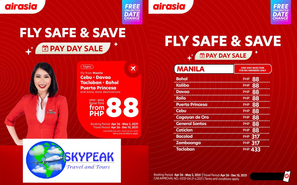 sky_peak's tweet photo. Air Asia Domestic Flights Seat Sale promo fares @ #Skypeak Travel and Tours visit our fb 4 details https://t.co/JONIgLzfZ2
#InThisTogether #FlySafePH #EveryoneCanFlyNow #airasiaForEveryone #TARAnawithairasia https://t.co/Z78EYlnU4x