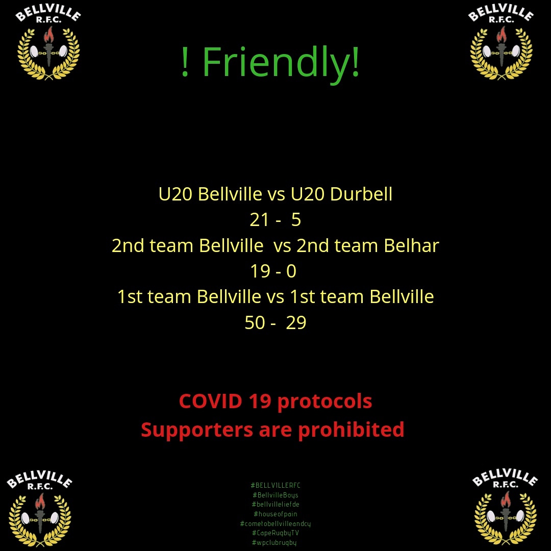 bellvillerfc92's tweet photo. Bellville RFC Friendly's
01 May 2021
💚💛
U20 Bellville RFC (Won) vs U20 Durbell RFC 
2nd team Bellville RFC (Won) vs 2nd team Belhar RFC
1st team Bellville RFC (Won) vs 1st team Belhar RFC

COVID-19 Protocols
°Spectators are prohibited
°only players and executives allowed
°mask https://t.co/W3jLFnsgAu