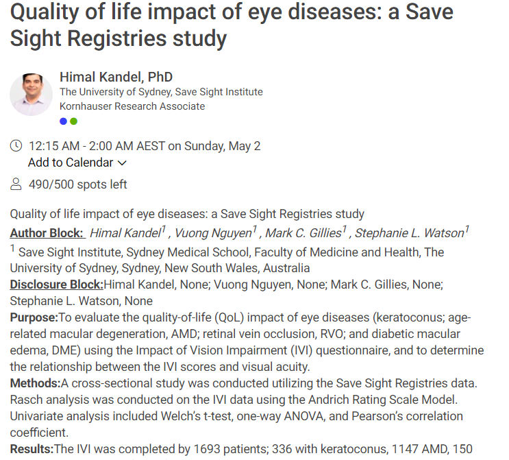 kandelhimal's tweet photo. #HappeningNow : Excited to present our work on quality of life impact of eye diseases @ARVOinfo annual meeting. The #impact of #Eye #Disease is beyond #visual impairment. @profswatson @FRB_Research @CornealResearch @SydneySaveSight #SaveSightRegistries https://t.co/41CTXhNa6G