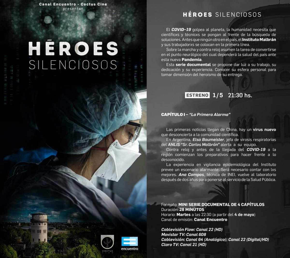 norabar's tweet image. ✏️ Para agendar: hoy,  lanzamiento de la serie documental #Héroessilenciosos a las 21.30 y mañana a las 18
Desde el 4 de mayo, los martes a las 22.30. 
4 de capítulos de 28 minutos
Cablevisión Flow: Canal 22 (HD)
Movistar TV: Canal 608
Cablevisión: Canal 64 (A