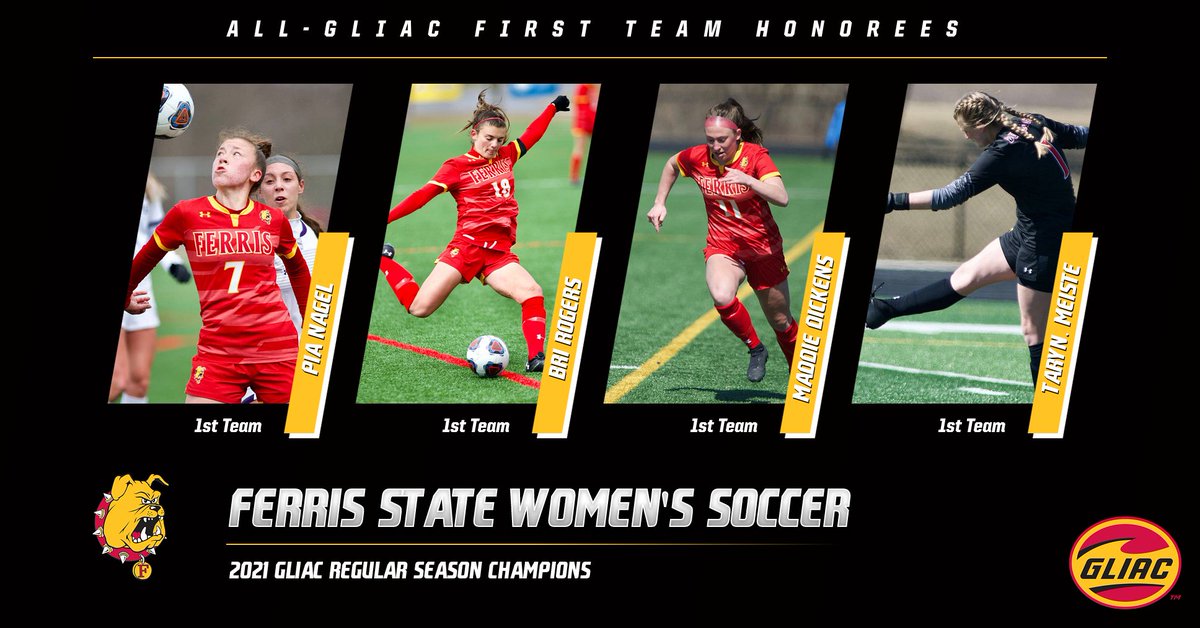 AWESOME! Four members of the GLIAC Champion <a href="/FSUWSO/">Ferris State Soccer</a> squad named All-GLIAC First Team for the 2021 season! bit.ly/3tbUuMl