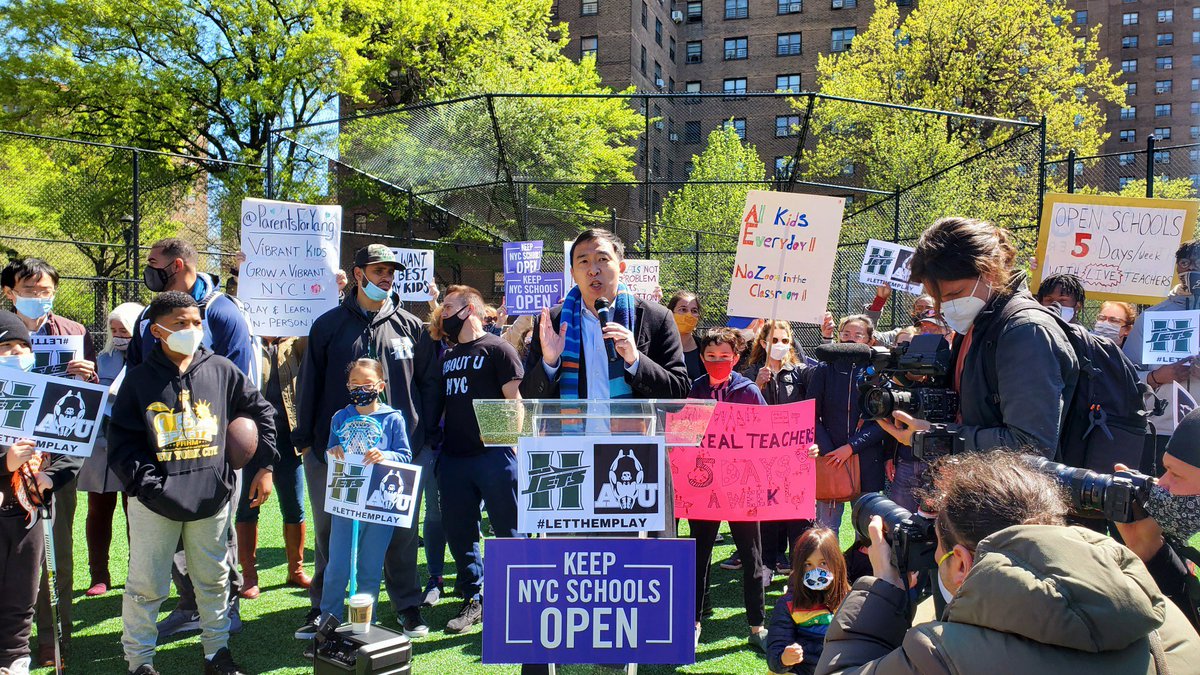 AndrewYang's tweet photo. Let’s get NYC schools open as soon as possible for the sake of our kids. Kids learn better in-person and need extracurricular activities and team sports. Parents want and deserve a clear plan for fully open schools in September. https://t.co/kJHGRNktRS