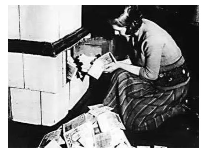 How could people pay $100B for bread, at a time with no debit or credit cards, only cash? They literally needed wheelbarrows to move their cash around for paychecks and groceries. Eventually, the currency was worth less than wood, and so they burned cash to heat their homes.