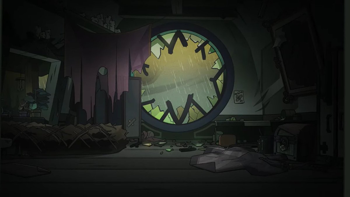 As Grom blows up, we escape through a gym window thanks to Eda and we head back to The Owl House. We fly back into Eda’s room; crashing through the giant eye stain glass window.