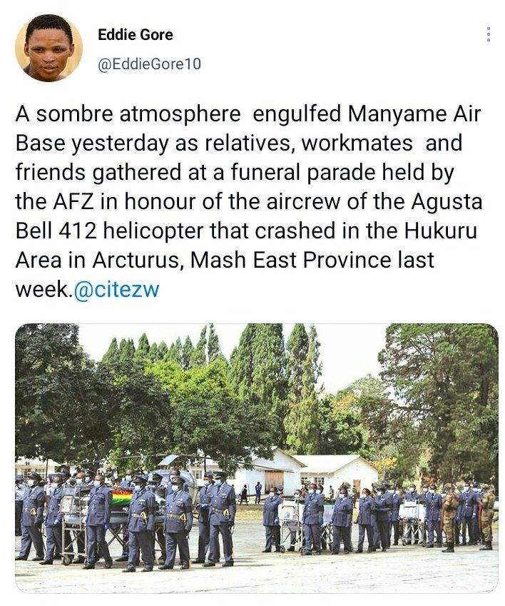 Sad note 
We lost fine Civil #Workers to a helicopter crash that could have been avoided if Arms embargo from @euinzim and ZIDERA sanctions on Zim Army Industry by @usembassyharare were littled

#workersday2021
#WorkersDay https://t.co/5Yfufg1Tkv