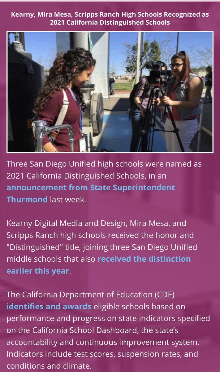 Congratulations Mira Mesa High, Kearny DMD and Scripps Ranch High for being named 2021 California Distinguished Schools! <a href="/sdschools/">San Diego Unified</a> <a href="/linked_learning/">Linked Learning Alliance</a> <a href="/ConnectEdOrg/">ConnectED</a> <a href="/tvanderark/">Tom Vander Ark</a> <a href="/anne4LLA/">Anne B. Stanton</a> <a href="/KearnyKomets/">Kearny Komets</a> <a href="/KometsHigh/">Kearny High Komets</a> @SDMesaPrez #equityavengers #linkedlearning @SoCalPDF