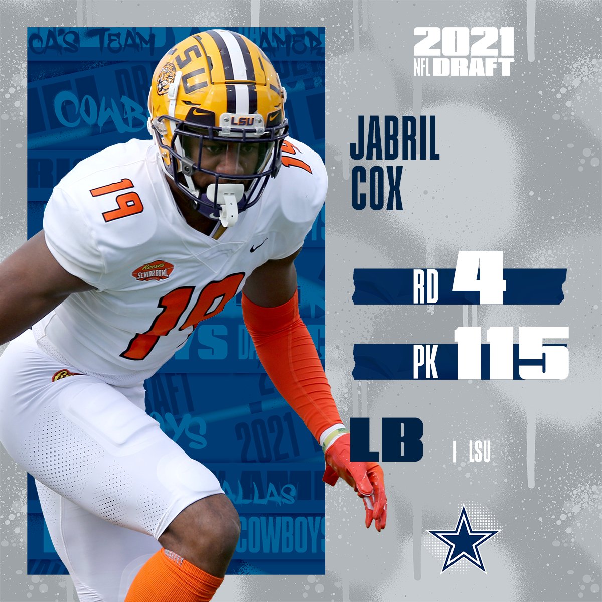 With the No. 115 overall pick in the 2021 <a href="/NFLDraft/">NFL Draft</a>, the <a href="/dallascowboys/">Dallas Cowboys</a> select LB Jabril Cox!

📺: 2021 #NFLDraft on NFLN/ESPN/ABC