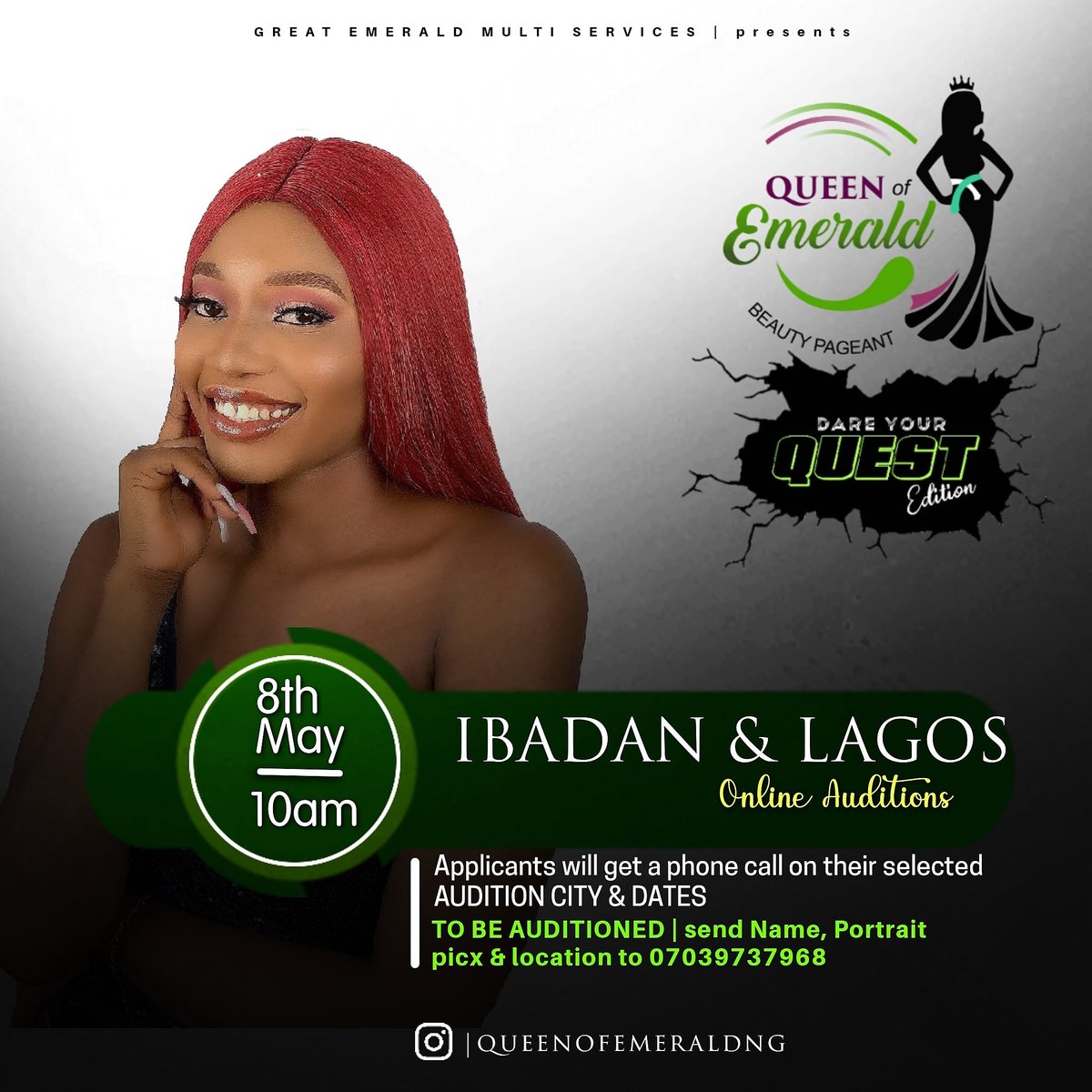 EmeraldqueensNG's tweet photo. The IBADAN &amp; LAGOS Audition holds this Saturday - 8th May, 2021

Don't miss this train !!!
Get involve Now 

Click link in Bio to Get Auditioned 

#AuditionsIsOnGoing
#QueenofEmeraldPageant
#DareYourQuestEdition
#AuditionCall #Ibadan #Lagos https://t.co/P5qp3fB2rn