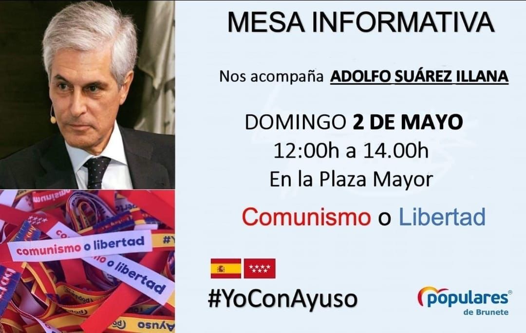PPBrunete's tweet photo. PPBRUNETE 

Mañana,  estará con nosotros en nuestra preciosa Plaza Mayor, Adolfo Suárez Illana para continuar explicando el proyecto de @IdiazAyuso y @ppmadrid
.
#YoConAyuso 
#votalibertad 
#DesbloqueandoEspana 

@mar_nicolas
@NnggBrunete https://t.co/0eCBfaniHY