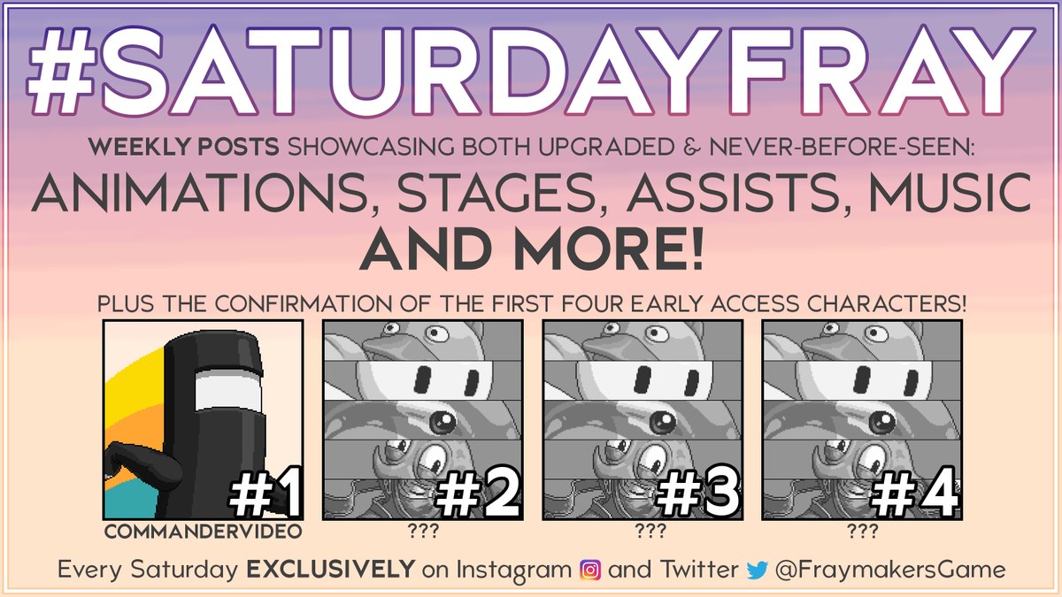 Introducing #SaturdayFray! Each Saturday starting on May 8th, we'll bring you bite-sized Fraymakers updates: new animations, upgrades, tunes &amp; more! 🤩

They'll be posted exclusively on Twitter 
<a href="/FraymakersGame/">Fraymakers ✨ IMPOSTOR FROM AMONG US IS OUT NOW! ✨</a> + Instagram (instagram.com/fraymakersgame/) - follow so you don't miss out!