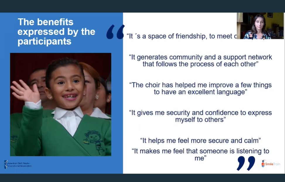 Smiletrain's tweet photo. Pilar Echeverri, Founder & Director of our partner @FISULAB in Colombia shares the impact of participation in choirs and how it has built confidence, self-esteem, and friendships among their patients. #ACPASpringsForward https://t.co/0e0emUKCE9