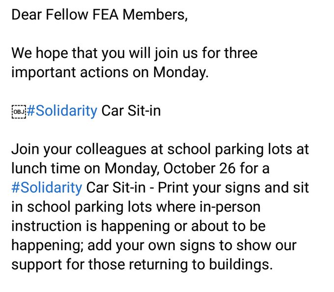 In October, as FCPS began to bring back kids with disabilities, FEA responded by having a protest at those schools where this was happening, hoping to intimidate kids, parents, & school officials so that schools would remain closed even for those that desperately needed them.