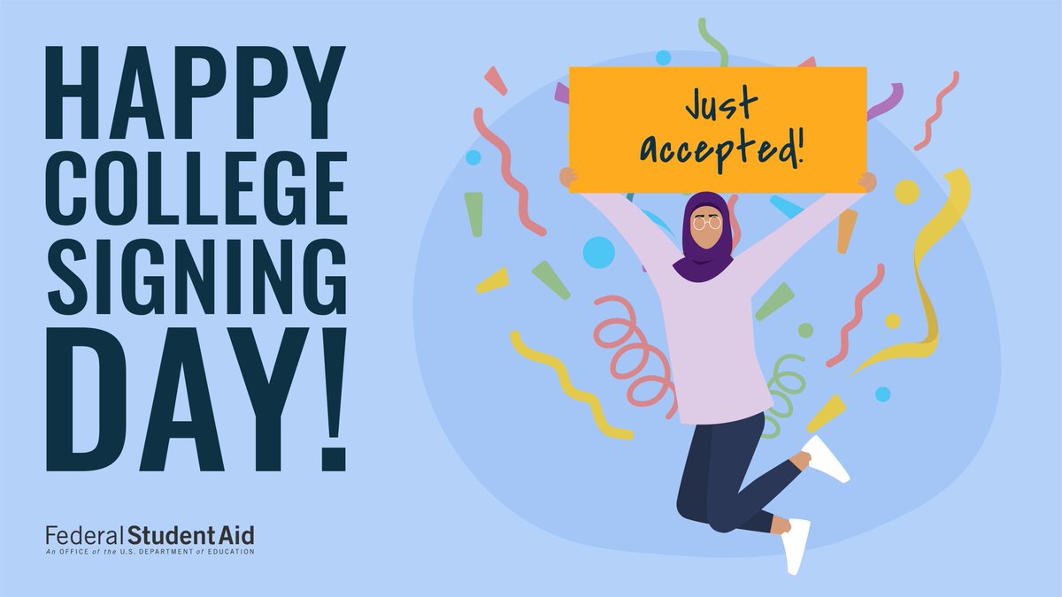FAFSA's tweet photo. Happy #CollegeSigningDay 🥳 Shout out to the future #Classof2025! Reply 👇 and tag the school you'll be reppin' in the fall. https://t.co/jZpDR9jCtu