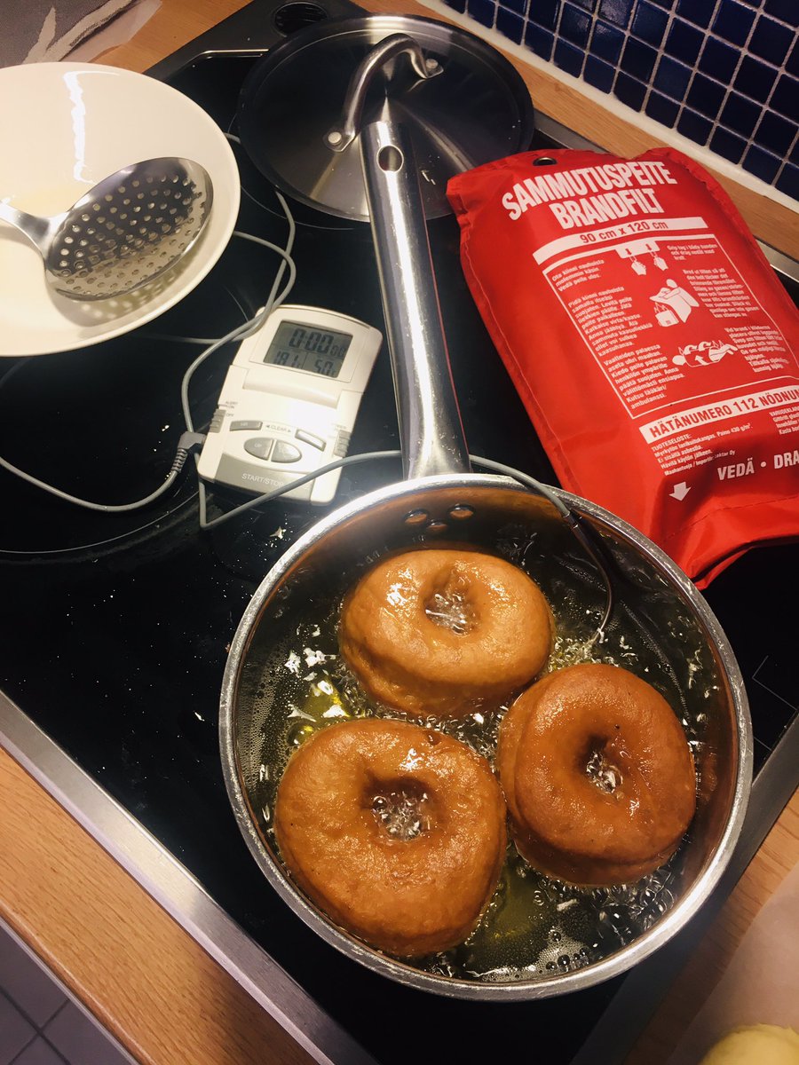 This is what baking munkki donuts for vappu looks like after spending almost three years at <a href="/NesteGlobal/">Neste</a> where #safetyfirst is the attitude we all have 😊🍩 Thinking about the possible risks (with boiling hot oil) and be prepared to act if needed! Hyvää vappua! Happy May 1st! 🎈