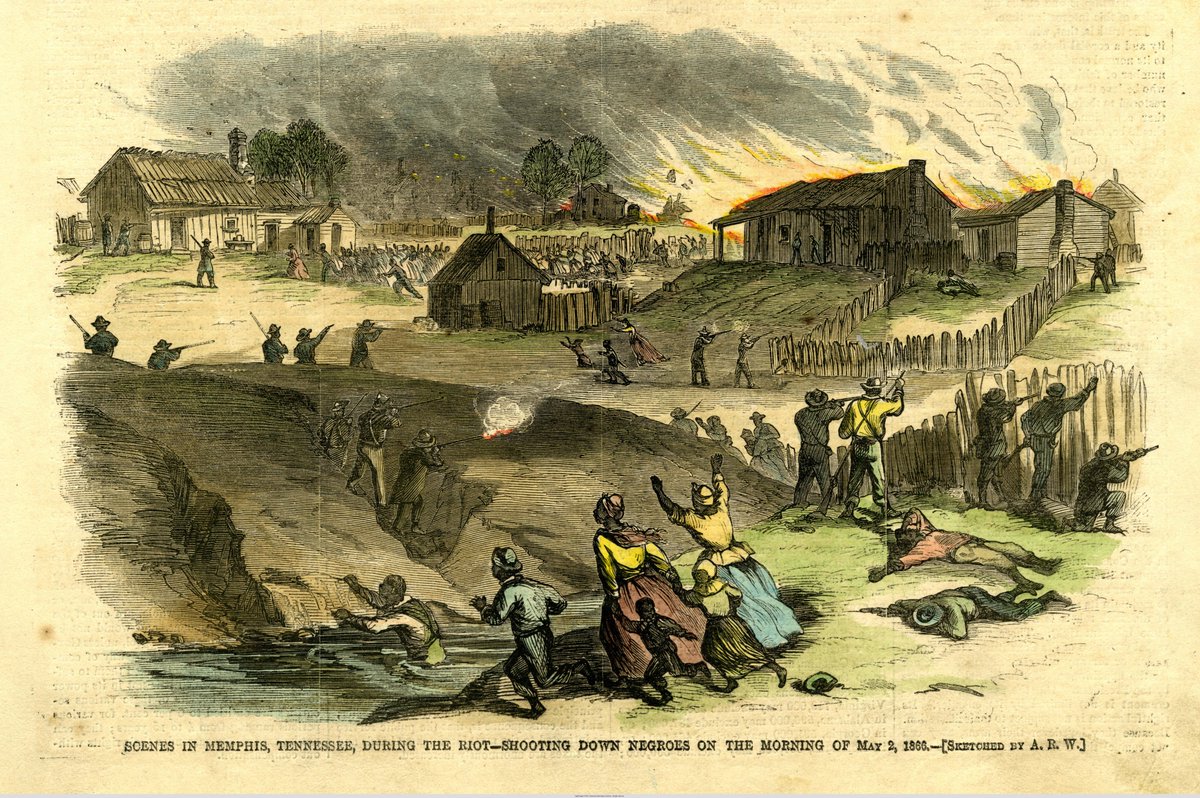 #OTD in 1866, the Memphis Massacre began. After an incident between white police officers and Black Union Army veterans, white mobs rampaged through Black neighborhoods. The massacre's horrors shocked the nation and helped Republicans convince Congress to pass the 14th Amendment.