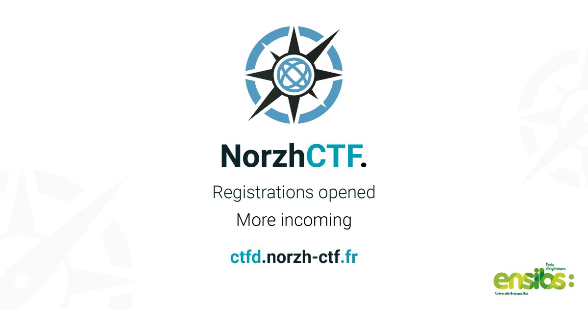 📅 J-20 pour le NorzhCTF 
🚩Les inscriptions viennent d'ouvrir à l'adresse ctfd.norzh-ctf.fr
✈️ On se retrouve dans les jours à venir pour le début de l'aventure !
➡️ Retrouvez nous sur Discord : discord.gg/UXHazuGU54

@ENSIBS