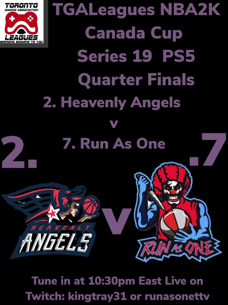 LeaguesTga's tweet image. QUARTER FINALS TGALeagues NBA2K Canada Cup Series 19 PS5
2. Heavenly Angels v 7. Run As One
Tune in at 10:30pm East Live on Twitch: kingtray31 or runasonettv #TGALeagues #CANADACUP #NBA2K #SERIES19 #PS5 #5V5PROAM @LeaguesTGA
