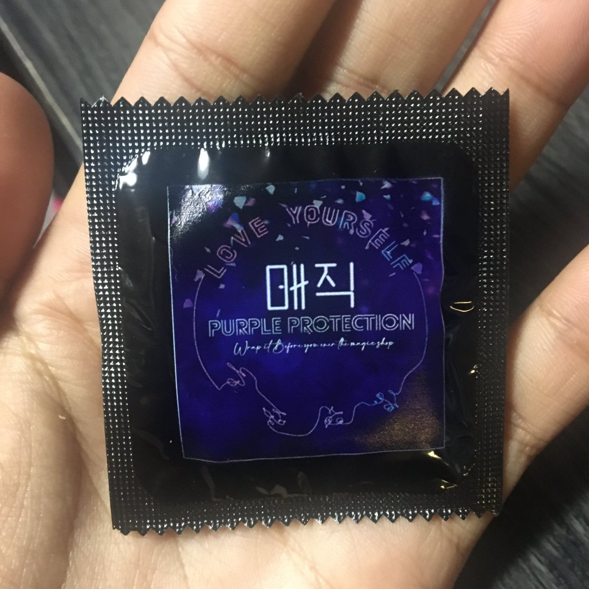 monicaredmond97's tweet photo. BTS inspired condoms💜 purple protection: love yourself edition 💜✨ https://t.co/cvJuisxpia
