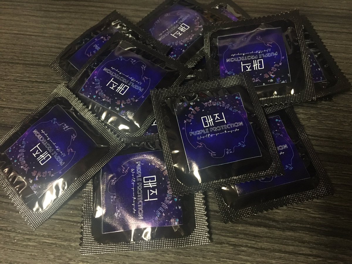 monicaredmond97's tweet photo. BTS inspired condoms💜 purple protection: love yourself edition 💜✨ https://t.co/cvJuisxpia