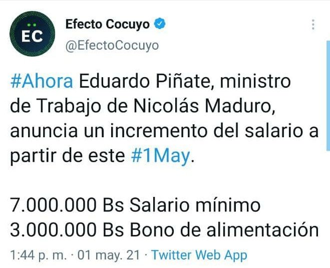 JoseBasanta23_'s tweet photo. La #Dictadura "Ajusta" el salario mínimo a Bs 7.000.0000 $2,3  y bono de alimentación a Bs 3.000.000 $1,2 son Bs 10.000.000 $3,5 mensuales.
Ni para un kg de queso blanco alcanza esté pirrico y burlón "Aumento"
Urge el cambio Político en el país para salir de está miseria. https://t.co/GTXktVNwYq