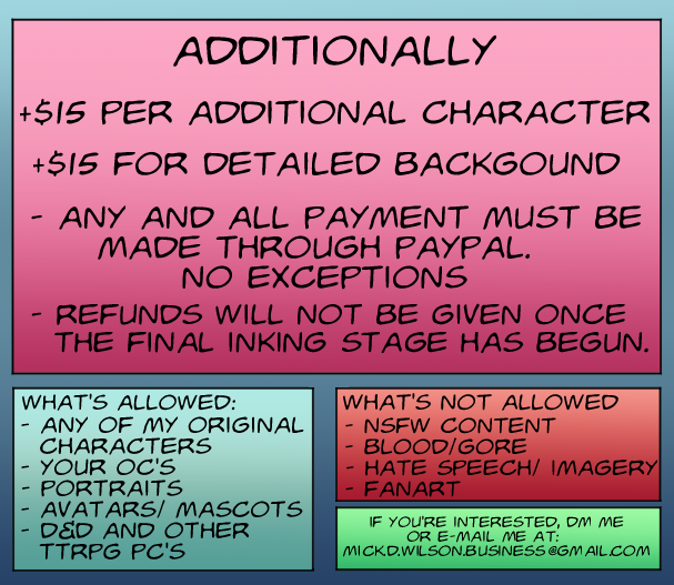 HeyitzMick's tweet photo. So, I’ve been thinking about this for ages, but now I finally have the courage (and time) to actually do it. I’m finally opening up commissions. Since this is my first time doing this, I’m only going to open 5 slots, but if you've ever wanted personal art from me now is the time https://t.co/VDzsuhOaIU