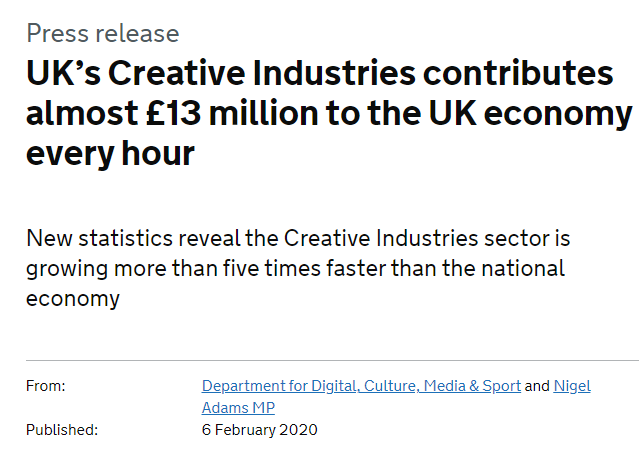 Worth bearing this government study of Feb 2020 in mind, then: "the Creative Industries sector is growing more than five times faster than the national economy".Why undermine the HE subjects that feed a sector that is so important to the UK's economy? https://www.gov.uk/government/news/uks-creative-industries-contributes-almost-13-million-to-the-uk-economy-every-hour