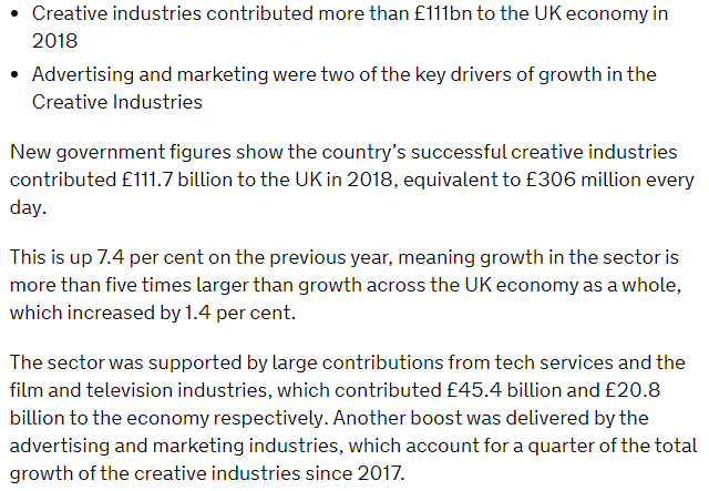 Also from that report: Creative Industries contributed £111.7 BILLION to the UK in 2018; huge contribution from advertising and marketing industries (would that possibly be your media studies and design students at work, I wonder?).
