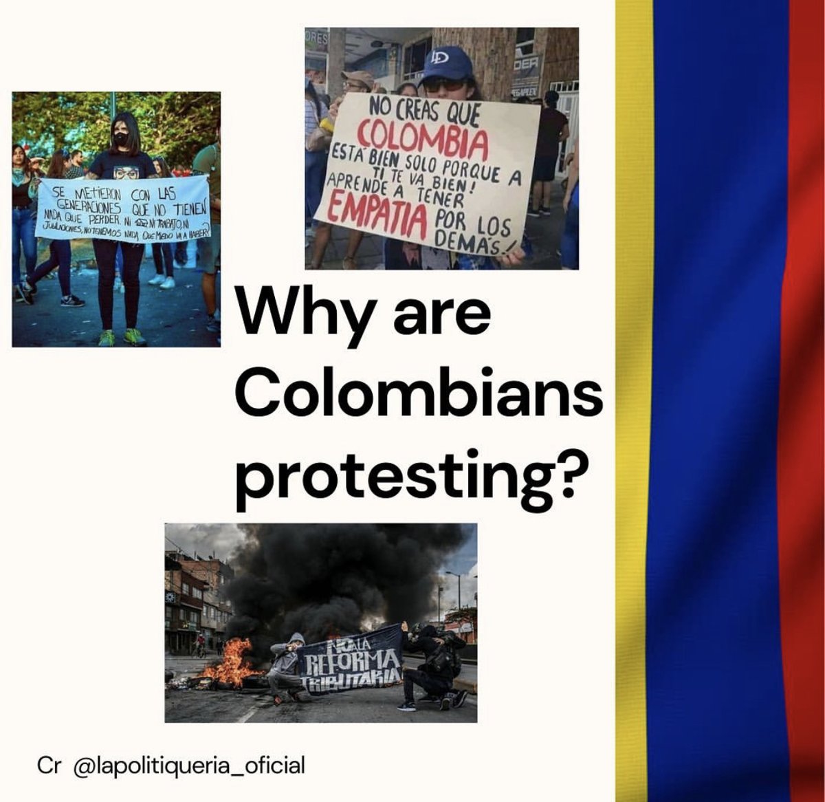 1/ While I am not really connected with Colombian politics, I have found out that the country, while suffering from the pandemic & lockdowns, have gone to the streets to protest.Why are they protesting? Looks like the government is taking advantage of its people once again...