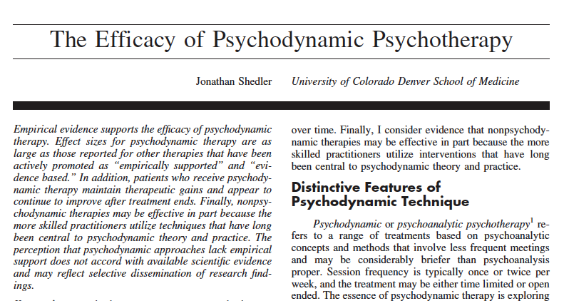 1/ I get asked this all the time so thought I'd put it in a tweet for whoever needs it. In 2010, I published "The efficacy of psychodynamic psychotherapy," which put psychoanalytic/psychodynamic therapy on the map as an evidence-based therapy. It reviewed the major meta-analyses