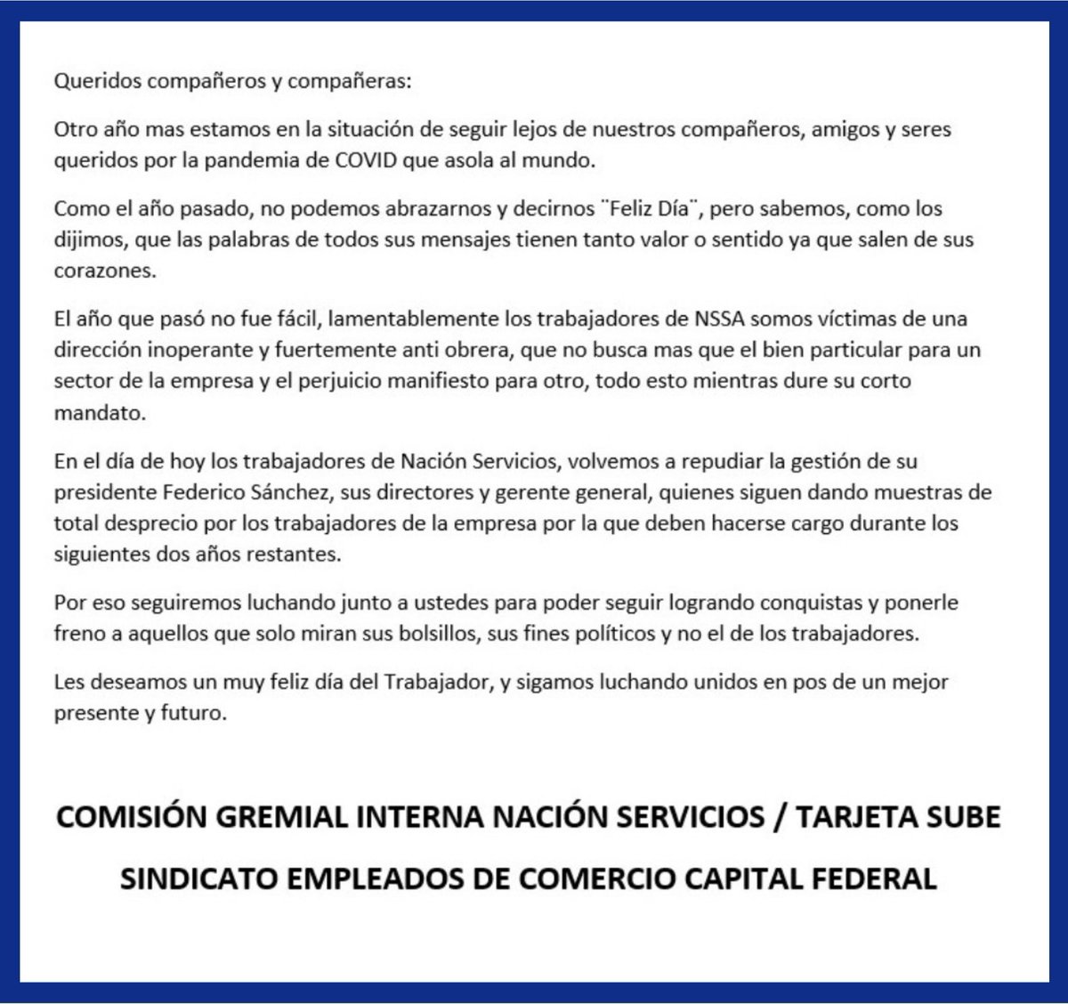 Comunicado Comisión Gremial Interna  #NaciónServicios / Tarjeta #SUBE